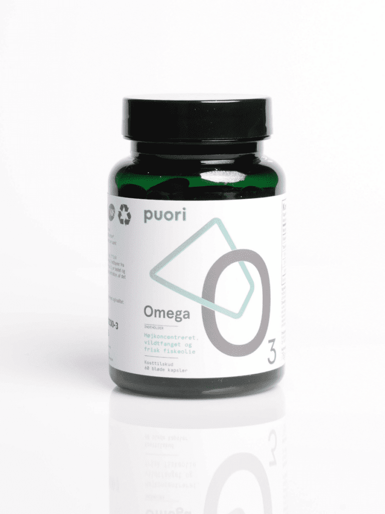 Puori Omega-3 Fischöl-Nahrungsergänzung in grünem Glasbehälter mit weißem Etikett und schwarzem Deckel
