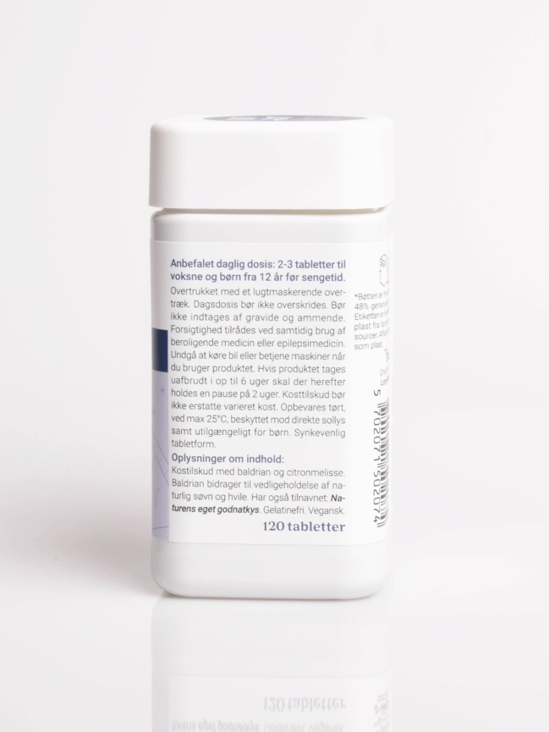 Weiße Kunststoffdose mit dänischem Etikett für Nahrungsergänzungsmittel, 120 Tabletten, mit Dosierungsanleitung und Angaben zu den Inhaltsstoffen