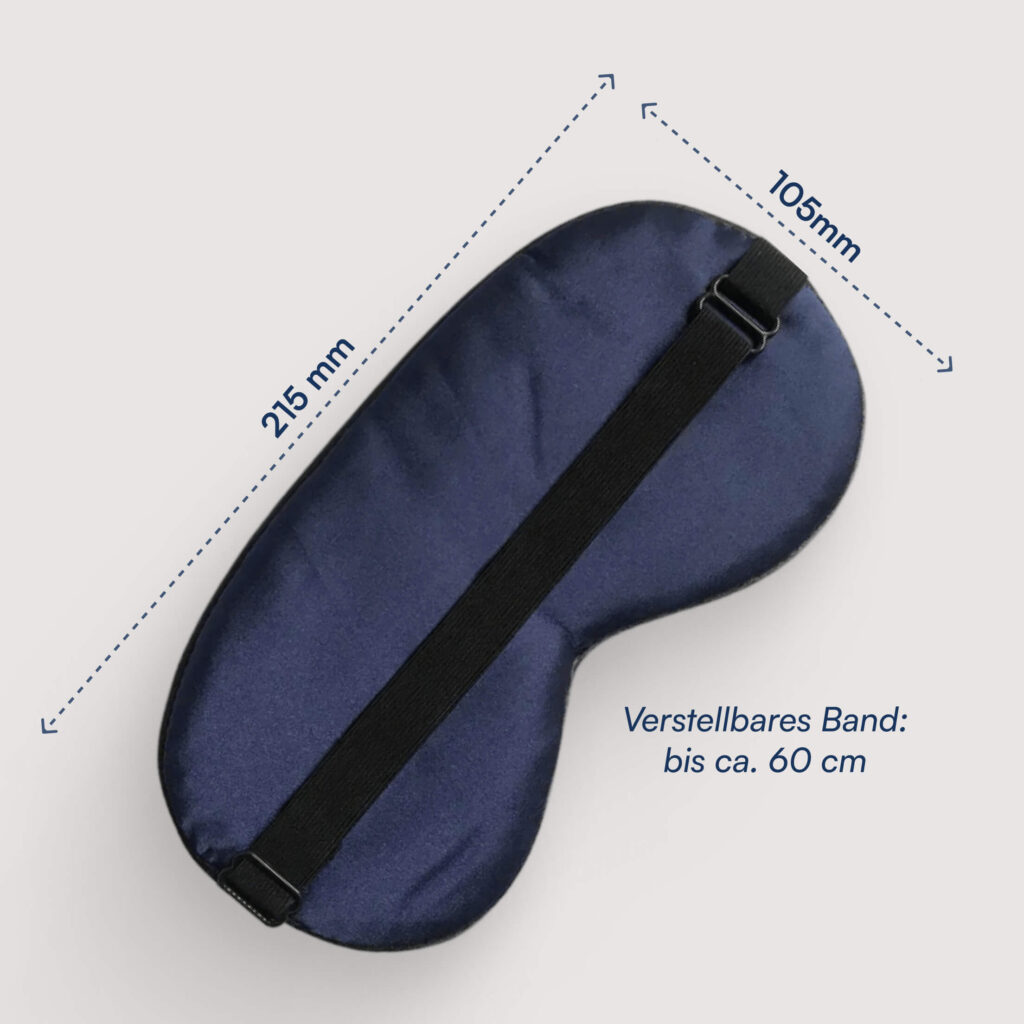 Dunkelblaue Seiden-Schlafmaske mit verstellbarem schwarzen Band und sichtbaren Maßangaben (215 mm, 105 mm)