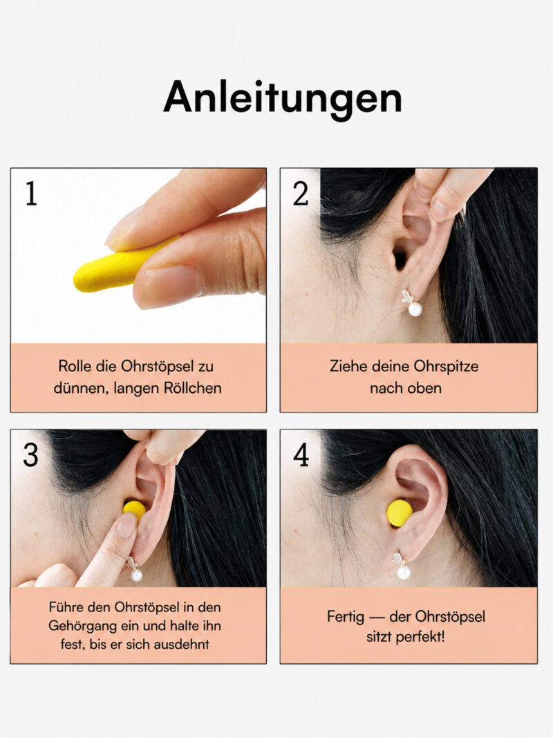 Schritt‑für‑Schritt Anleitung: gelben Schaumstoff-Ohrstöpsel rollen und korrekt ins Ohr einsetzen