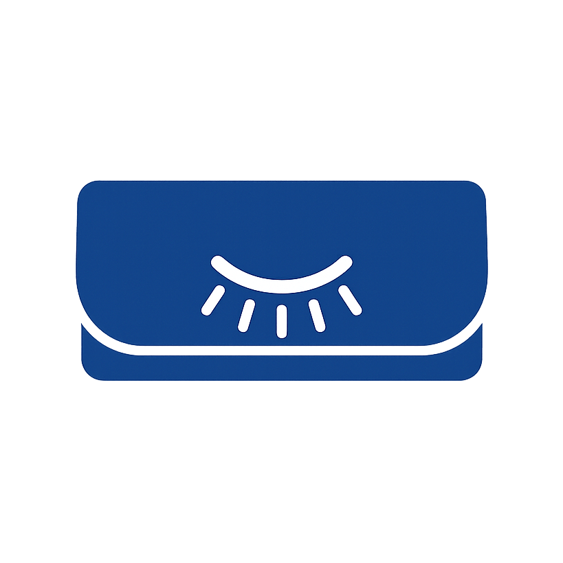 Blaues Etui für Wimpern mit weißem Wimpernsymbol