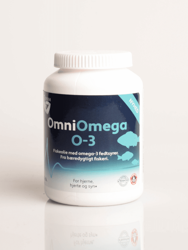 OmniOmega O-3 Fischöl-Nahrungsergänzung in weißer Dose mit blauem Etikett, Omega-3 aus nachhaltiger Fischerei