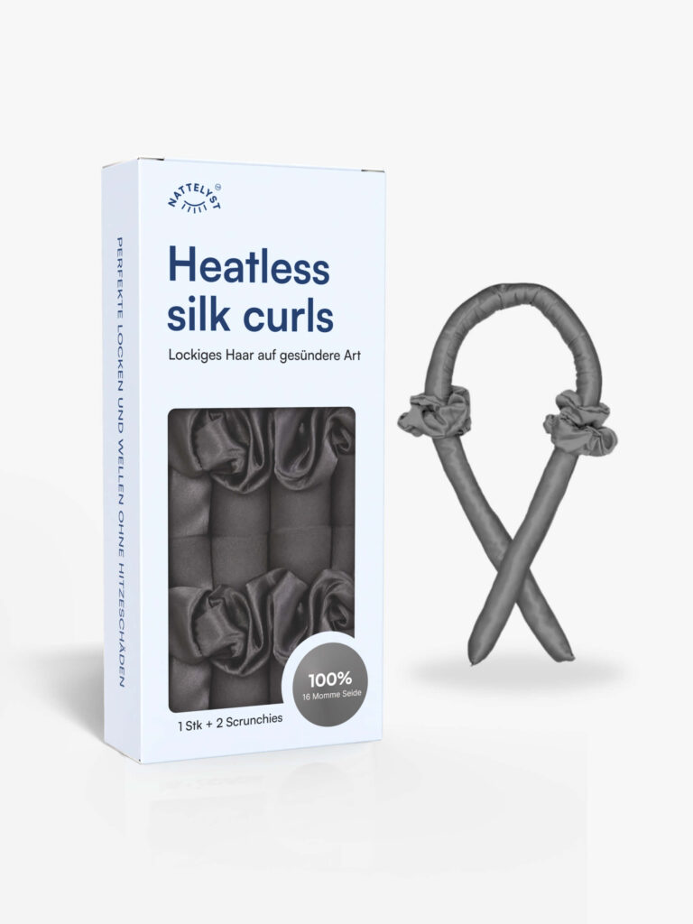 Hitzefreies Seiden-Locken-Set mit Wickelband und zwei Scrunchies in weißer Verpackung