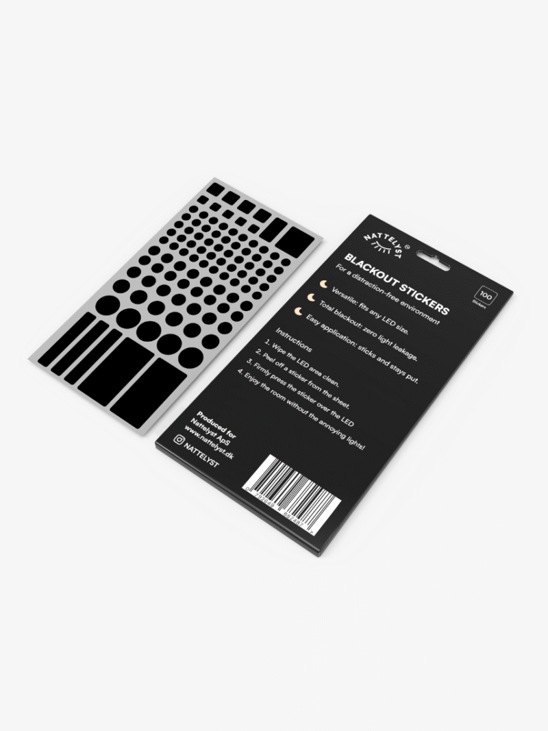 Rückseite der Blackout-Sticker-Verpackung mit Bogen aus schwarzen runden, quadratischen und rechteckigen LED-Aufklebern
