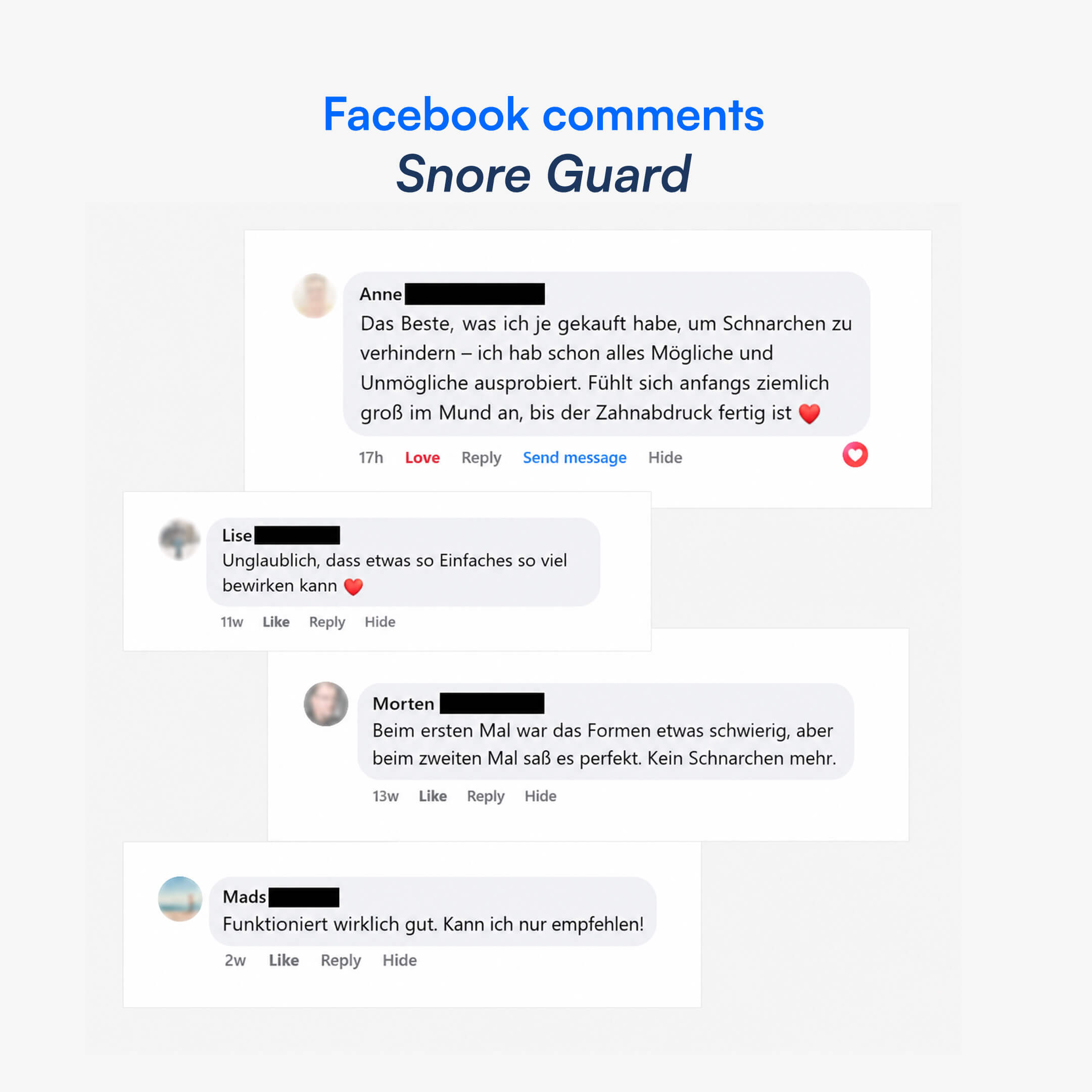 Mehrere Facebook-Kommentare auf Deutsch mit positiven Nutzerbewertungen zu Snore Guard