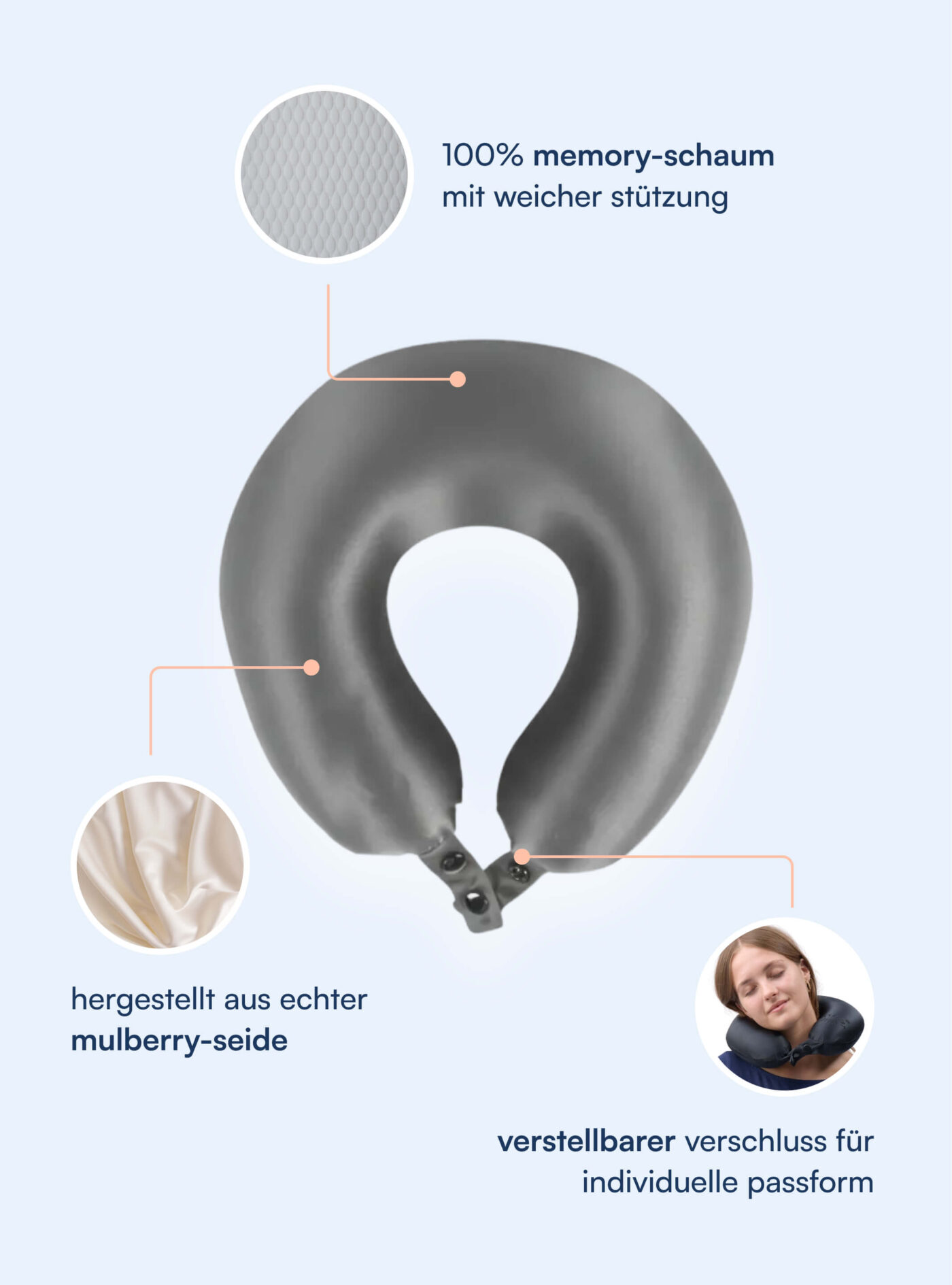 Nackenkissen aus 100 % Maulbeerseide (OEKO-TEX), Grau