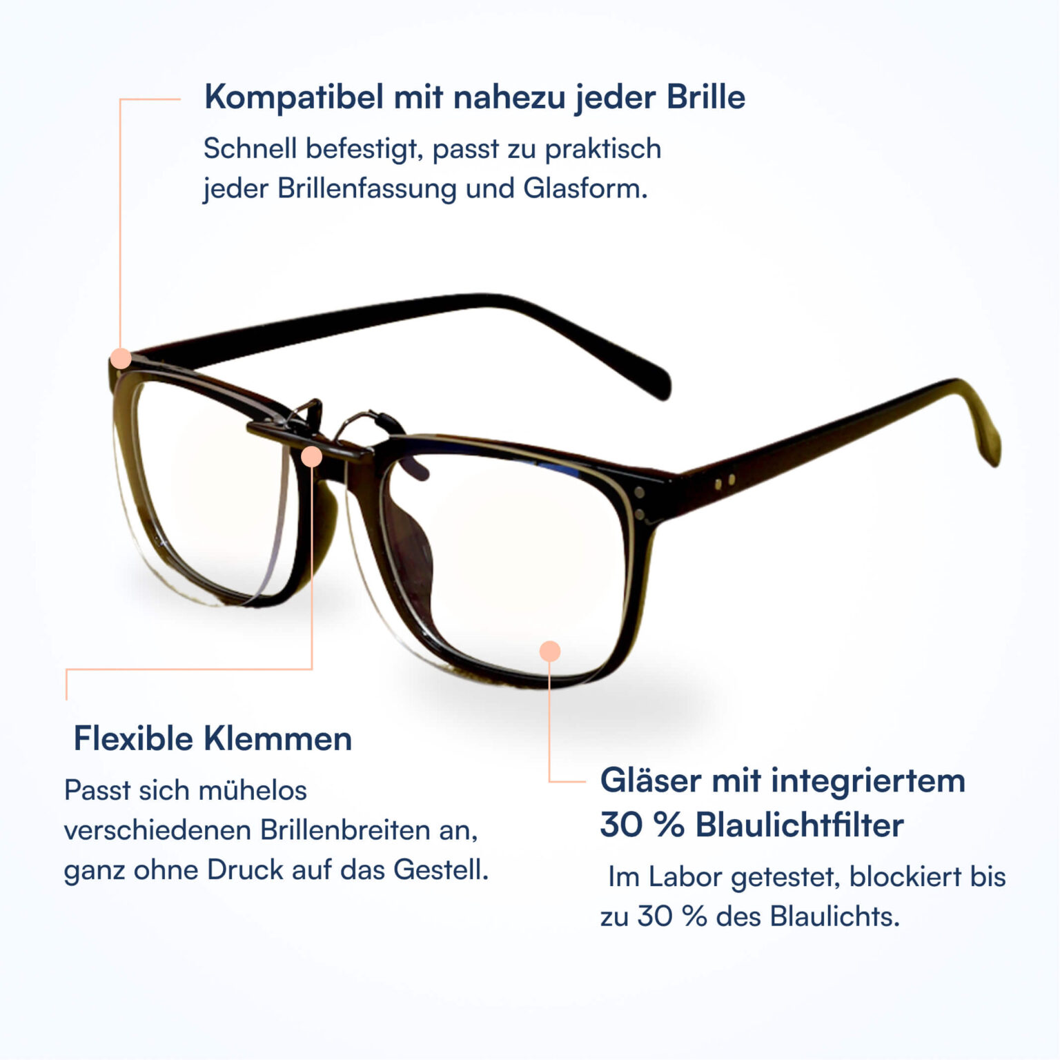 Braune Korrektionsbrille mit aufsteckbarem Clip-On-Blaulichtfilter, kompatibel mit fast jeder Fassung