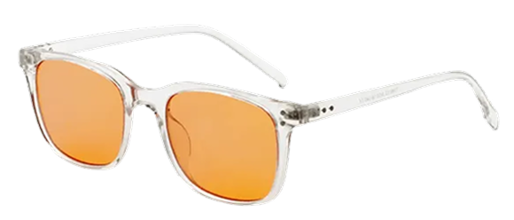 Blaulichtbrille mit transparentem Gestell und orangefarbenen Gläsern