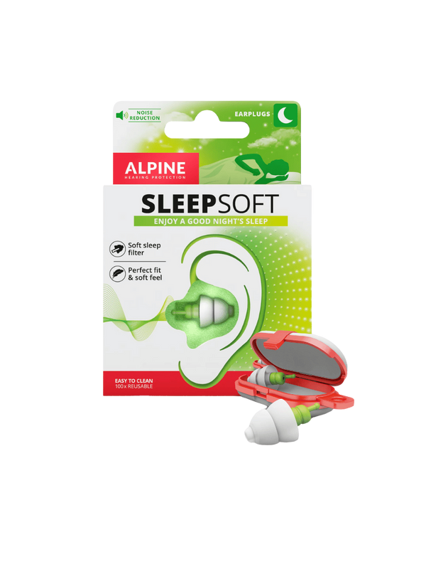 Alpine SleepSoft weiche grüne Ohrstöpsel mit wiederverschließbarem rotem Etui für weniger Lärm und besseren Schlaf