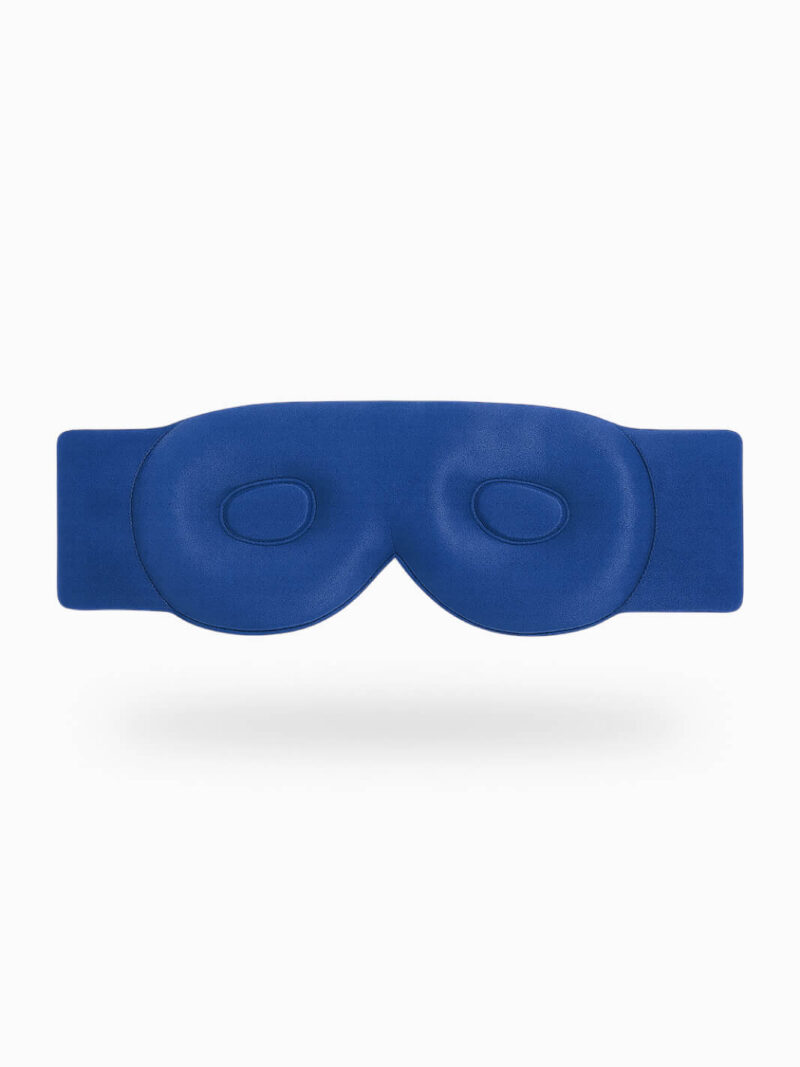 Blaue konturierte Schlafmaske mit gepolsterten Augenaussparungen und breitem elastischem Band