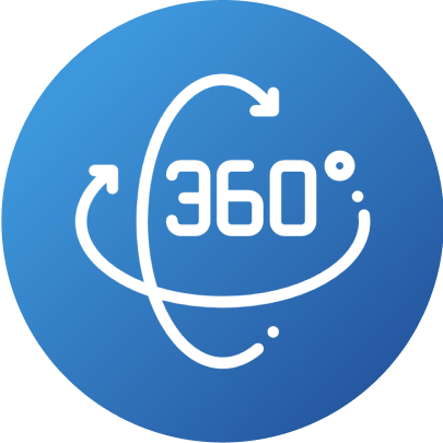 Blaues rundes 360°-Symbol mit weißen Pfeilen als Zeichen für Rundumabdeckung