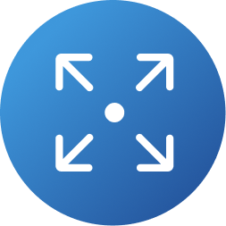 Blaues rundes Symbol mit Punkt in der Mitte und vier weißen Pfeilen nach außen zu den Ecken (Vollbild)