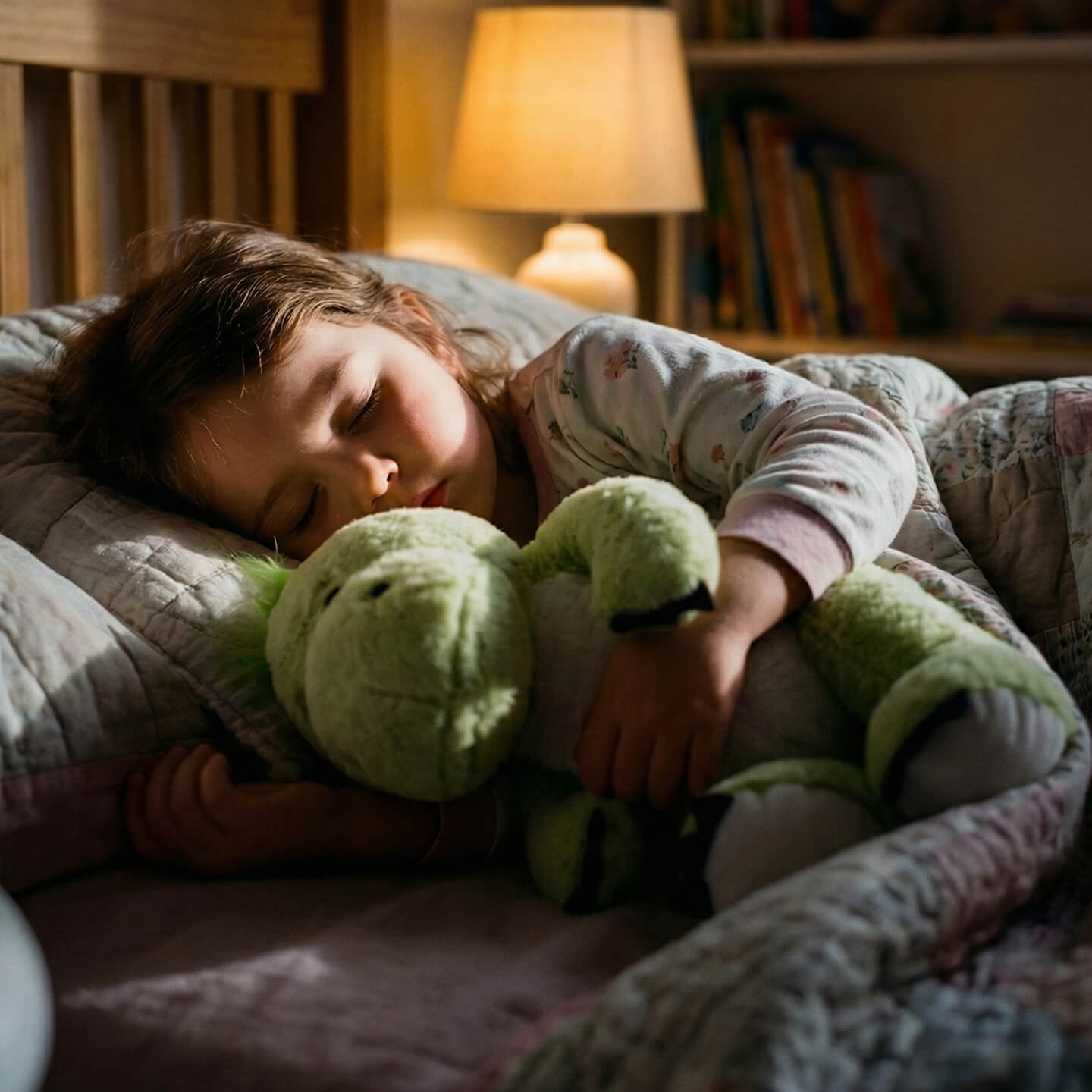 Kind schläft im Bett und kuschelt bei warmem Nachtlicht im gemütlichen Kinderzimmer mit einem grünen Drachen-Kuscheltier
