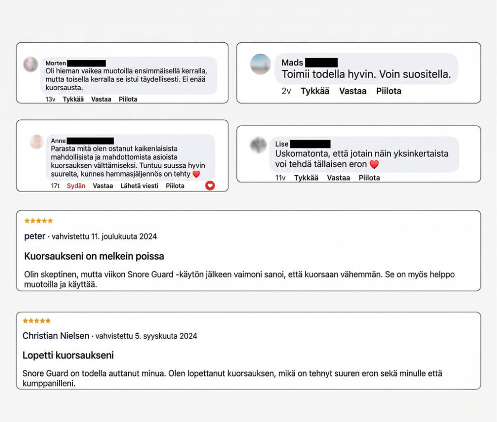 Mehrere finnische Kundenbewertungen zu Snore Guard mit positiven Erfahrungsberichten, weniger Schnarchen und Empfehlung.