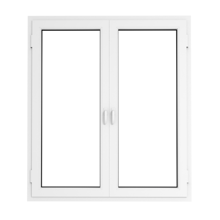 Weißes zweiflügeliges Fenster mit zentralen Griffen und schmalem Rahmen